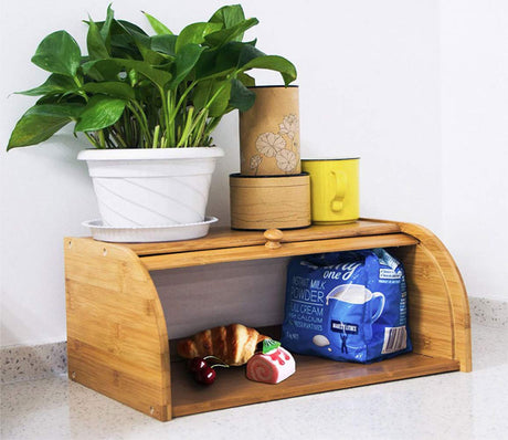 Lawei Bamboo Bread Box, Large Natural Roll Top Wood Bread Box, Countertop Bread Storage Bin, Bread Boxes Holder for Kitchen Food Storage, No Assembly Required Lawei