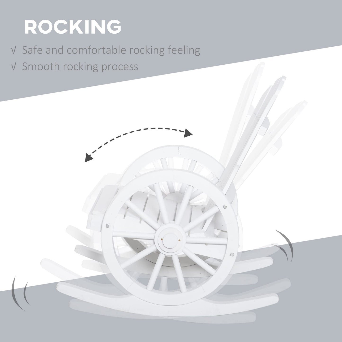 Outsunny Wooden Rocking Chair, Adirondack Rocker Chair w/Slatted Design, and Oversize Back, Outdoor Rocking Chairs with Wagon Wheel Armrest for Porch, Poolside, and Garden, White