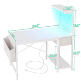 TIQLAB Gaming Desk 40 inch with Power Outlet and LED Light, Computer Desk with Reversible Shelves and Storage Drawer, Small PC Desk for Home Office Table with Bag, Carbon Fiber White TIQLAB