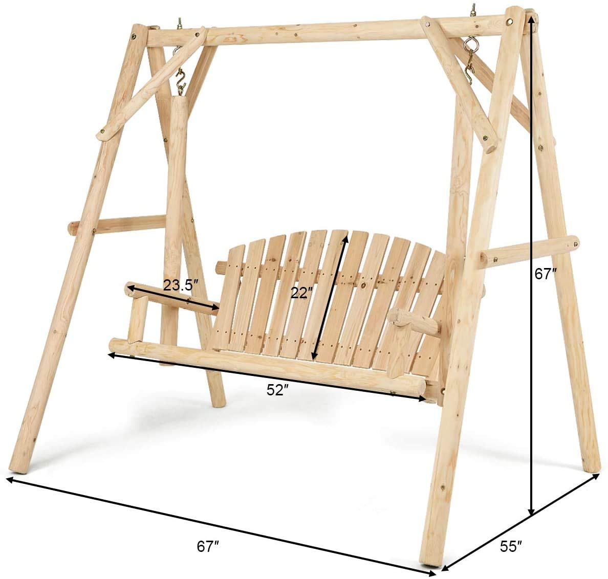 S AFSTAR Porch Swing, Outdoor Wooden Swing with A-Frame for 2 Person, Rustic Hardwood Swing Chair for Patio Garden Yard, 6.5' Wooden Swing Bench for Adult Senior Toddler, Natural S AFSTAR