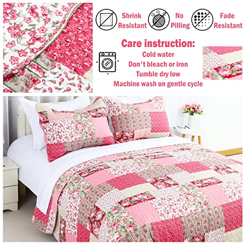Cmfshape Summer Floral Queen Quilted Bedspread,Romantic Pink Quilt Set Full,Reversible Stitched Bedding Set All Season,Soft Lightweight Coverlet with Pillow Cases (Hot Pink&Rose, Queen90 x90) Cmfshape