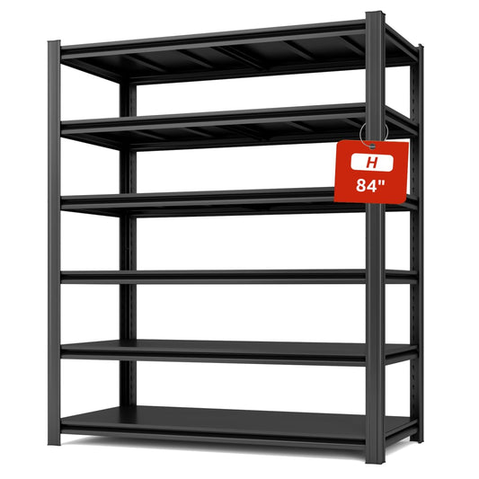 SYLOUGH 6 Tier Metal Shelving Unit, 84" H x 55.12" W x 23.62" D, Adjustable Storage Shelves, Heavy Duty Garage Shelves for Warehouse, Basement, Kitchen, Pantry, Living Room, 3600LBS, Black