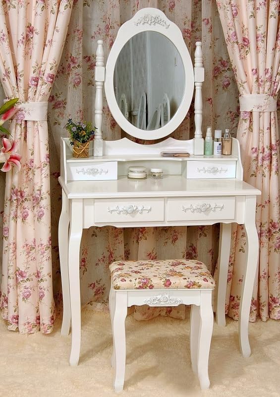 Vanity Table Set, 4 Drawers Makeup Table with Oval Mirror & Stool, Bedroom Wood Dressing Table White WoodArtSupply
