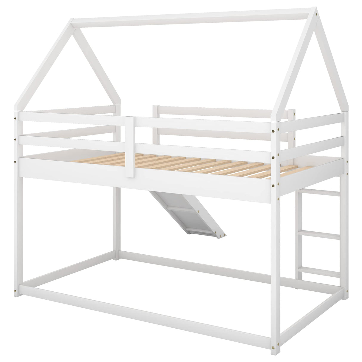 Harper & Bright Designs Twin Over Twin Low Bunk Bed with Slide, Solid Wood House Bunk Bed for Kids Girls Boys (White) Harper & Bright Designs