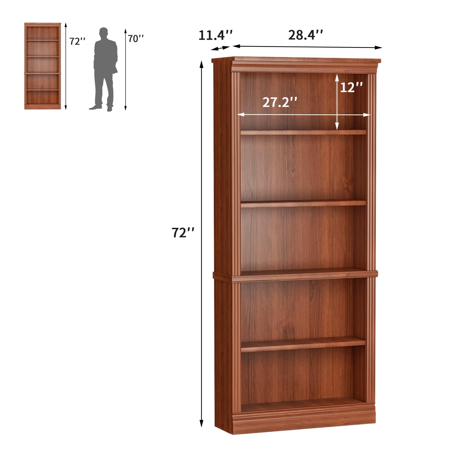 Furniwell 5-Shelf Tall Cherry Bookcase – Elegant Open Display Storage for Any Room - WoodArtSupply