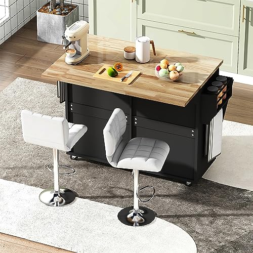 Fingertip WD Rolling Kitchen Island with Drop Leaf - Kitchen Trash Cabinet Tilt Out 10 Gallon Storage, Storage Islands Movable Carts with Rubberwood Top, Spice Rack and Drawers for Dining Room(Black)