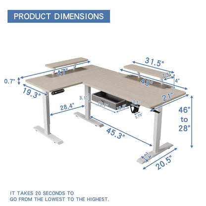 bilbil L Shaped Electric Standing Desk with Drawer, 62x47 Inches Adjustable Height Sit Stand Up Desk with Storage Shelf, Pale Pearwood Top/White Frame - WoodArtSupply