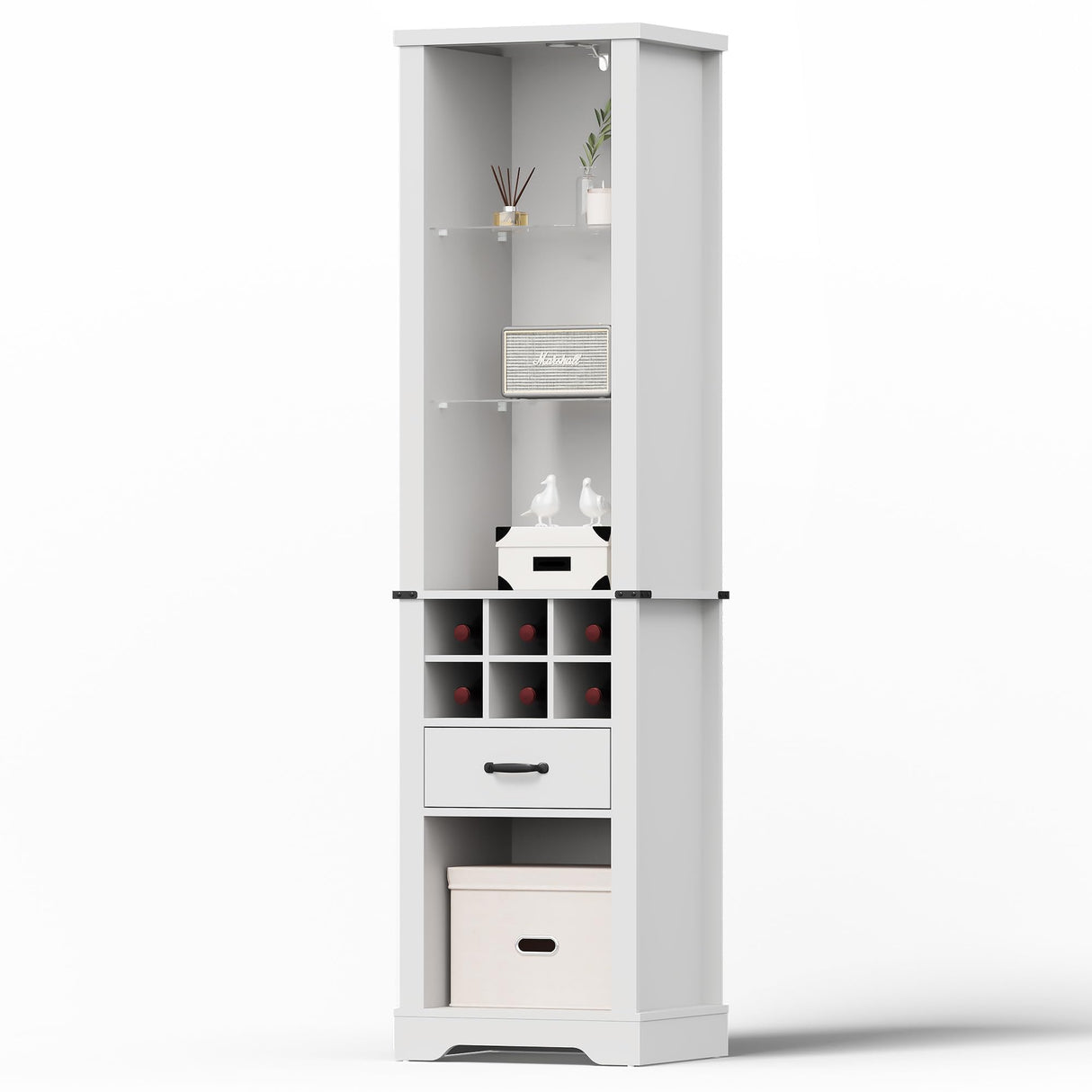 RoyalCraft 75'' Tall Storage Cabinet with LED Light, Farmhouse Pantry Cabinet with Tempered Glass Adjustable Shelves & Wine Storage Rack, Freestanding Linen Tower, White RoyalCraft