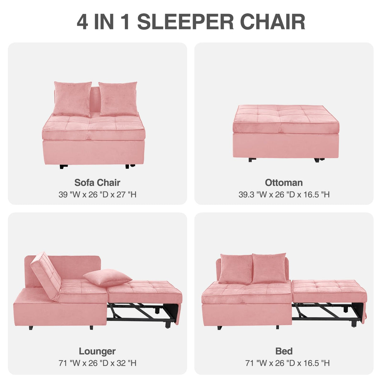 Convertible Sofa Bed 4-in-1 Velvet Sleeper Sofa Chair Bed Pull Out Futon Couch Bed with USB Ports 5 Adjustable Backrest and Pillow Fold Out Ottoman Bed loveseat Sofa for Adults Living Room, Pink FiveWillowise
