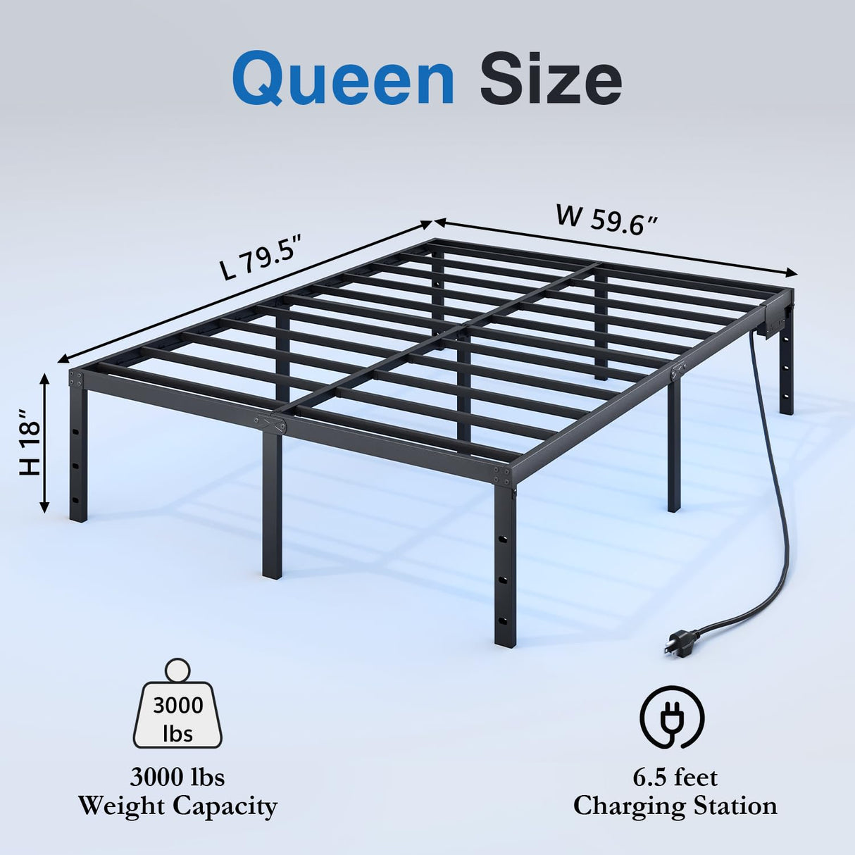 HAVONIZD Queen Size Bed Frame with LED Lights & Charging Station - 18 Inch Heavy Duty Metal Platform Bed Frame No Box Spring Needed, Easy Assembly, No Noise HAVONIZD
