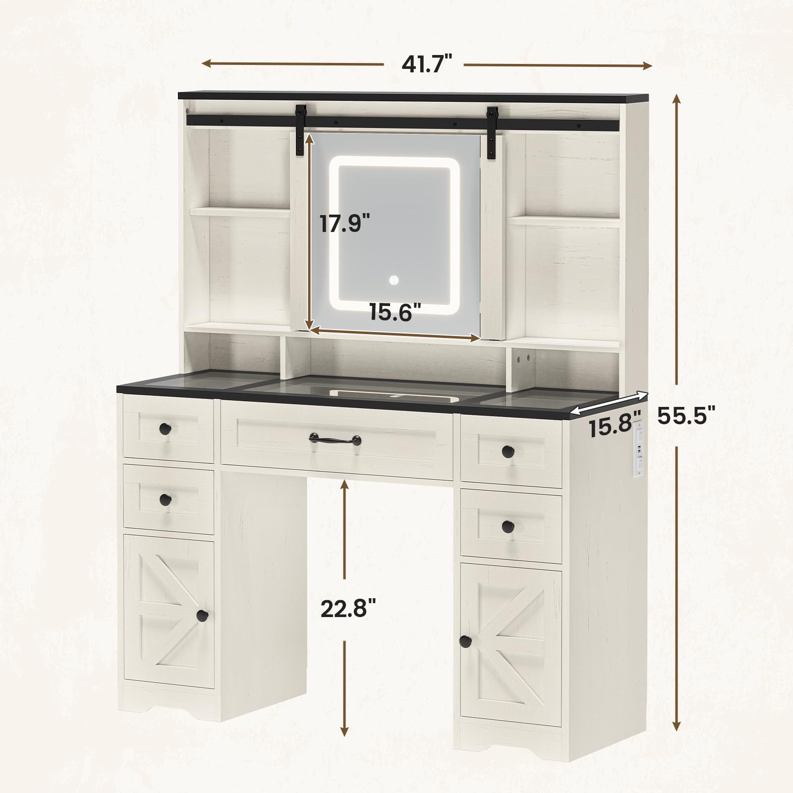 HAUOMS Farmhouse Makeup Vanity Desk with Sliding Lighted Mirror, Glass Top Vanity Desk with Power Outlet, Rustic Vanity Set, Antique White - WoodArtSupply