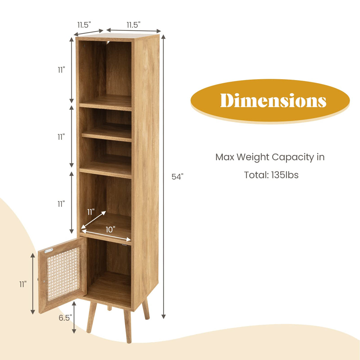 Giantex 54" Tall Slim 4-Tier Bookcase with Rattan Door and Adjustable Shelves Giantex