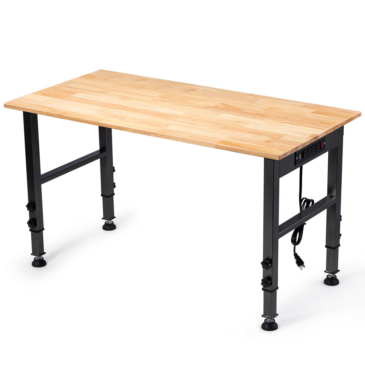 48" Height Adjustable Workbench, 2000 LBS Load Capacity Rubber Wood Top Workstation with Power Outlet and Foot Pads, Heavy-Duty Hardwood Worktable for Garage Workshop (with foot pads and socket,48'') GVGBUK