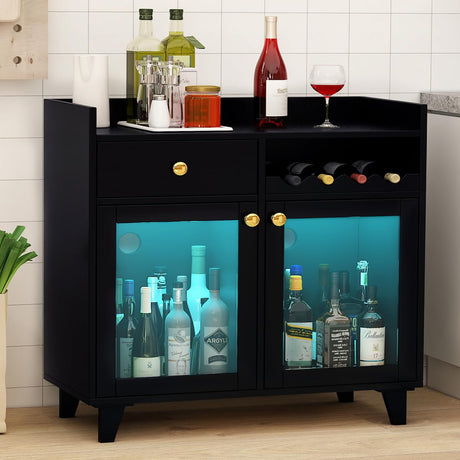 COCO DESIGN Small Wine Cabinet with Glass Doors, Modern Liquor Bar Cabinet with LED Light for Alcohol, Farmhouse Buffet Coffee Sideboard with Storage for Kitchen, Black COCO DESIGN