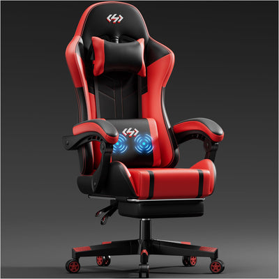 HLDIRECT Gaming Chair with Pocket Spring Cushion, Video Game Chair, Gaming Computer Chair, Ergonomic Chairs with Massage Lumbar Support for Adults, Swivel PU Leather Office Chair, Black & Red
