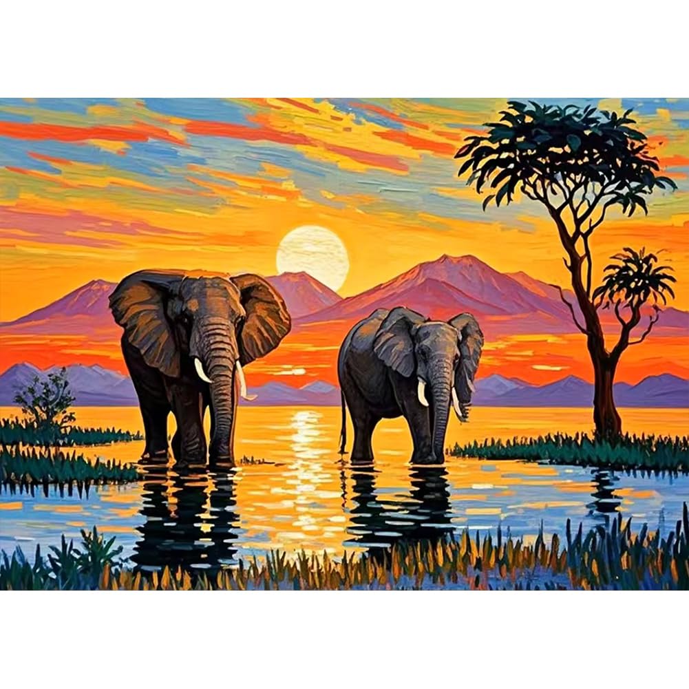 hill froeistung Landscape Scenery Diamond Art Painting Kits for Adults: Elephant Diamond Art Painting Sunset DIY 5d Diamond Art Kit Full Drill for Wall Decor 12 x 16 Inch hill froeistung