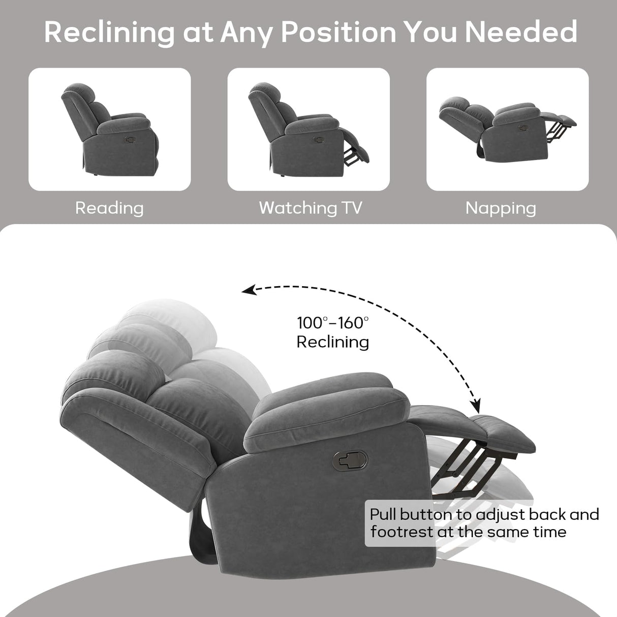 HAOMARKETS Rocker Recliner Chair for Adults, Manual Recliners with Overstuffed Backrest and Armrests, Upholstered Rocking Reclining Sofa Chair for Living Room, Grey HAOMARKETS