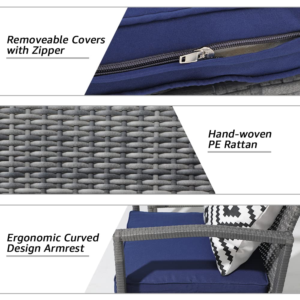 Patiorama 3 Pieces Outdoor Patio Furniture Set, Outdoor Wicker Conversation Set, Patio Rattan Chair Set, Modern Bistro Set with Coffee Table, Garden Balcony Backyard Poolside (Navy Blue) Patiorama