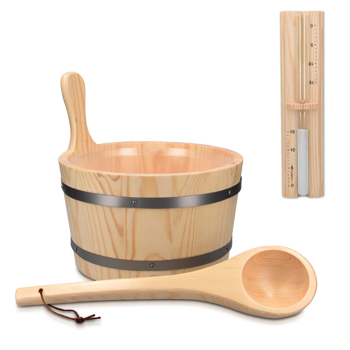 Navaris Wooden Sauna Bucket with Ladle - Essential Spa Accessory for Steam Room with 1.3 Gallon Pine Wood Bucket, Plastic Liner, Ladle, Sand Timer