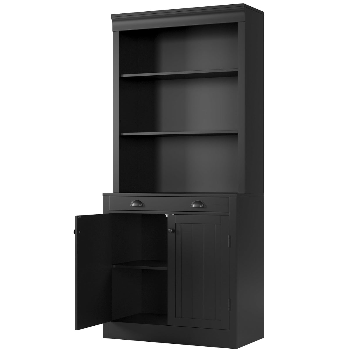GarveeHome 5-Tier Bookshelf, 70 Inch Tall Bookcase with 2 Doors and 1 Drawer, Modern Pantry Sideboard with Adjustable Shelf, Wooden Storage Cabinet for Living Room, Study, Home Office, Black GarveeHome