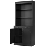 GarveeHome 5-Tier Bookshelf, 70 Inch Tall Bookcase with 2 Doors and 1 Drawer, Modern Pantry Sideboard with Adjustable Shelf, Wooden Storage Cabinet for Living Room, Study, Home Office, Black GarveeHome