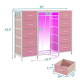 LUMTOK 2-in-1 Dresser with Hanging Rack, 10 Drawers Dresser for Bedroom,Dressers with Fabric Drawers,LED Lights, Charging Station and Hanging Racks for Bedroom (Pink) LUMTOK