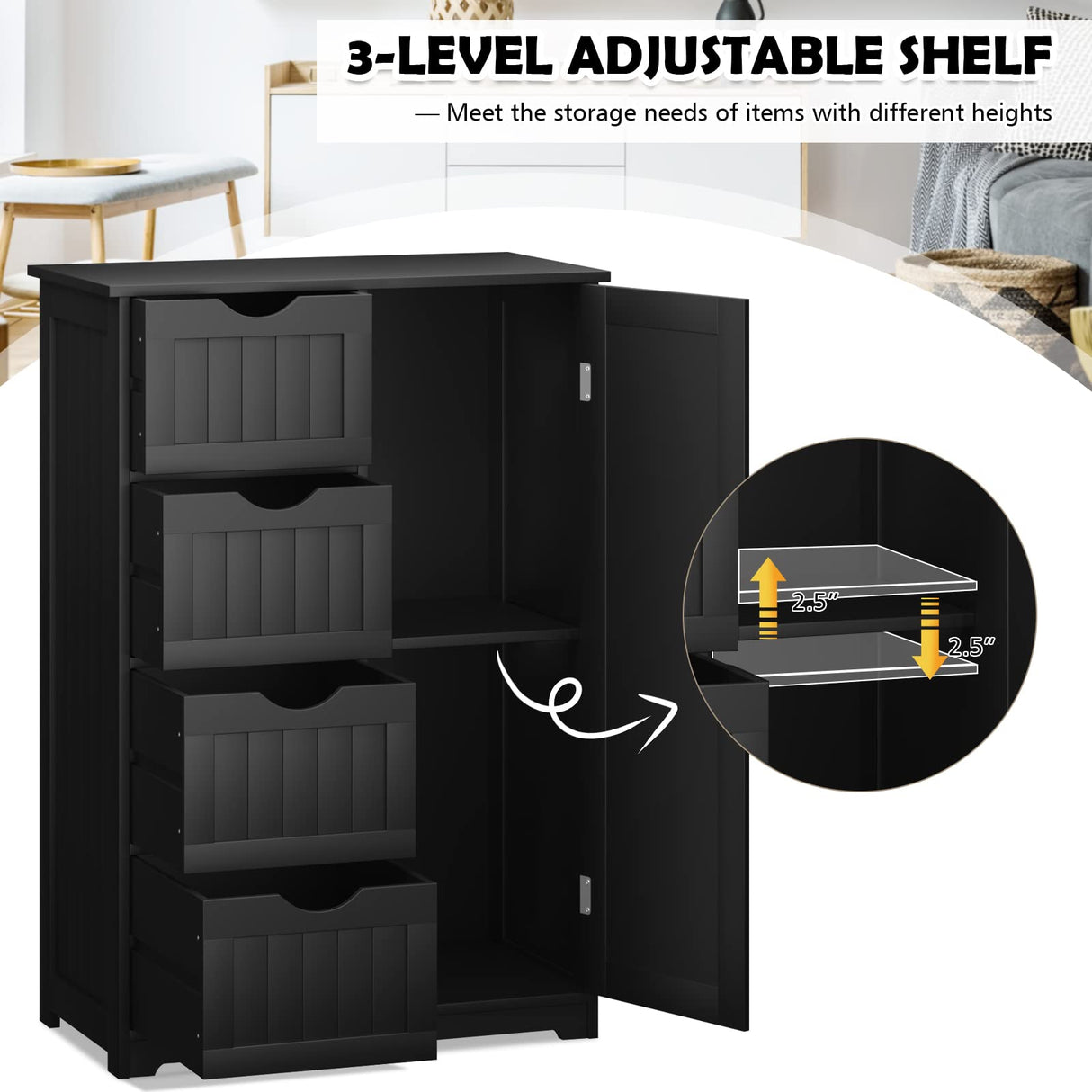 Tangkula Bathroom Floor Cabinet, Freestanding Storage Cabinet with 4 Drawers & Single Door, Adjustable Shelf, Multipurpose Bathroom Storage for Home Office, 22 x 12 x 32 Inches (Black) Tangkula