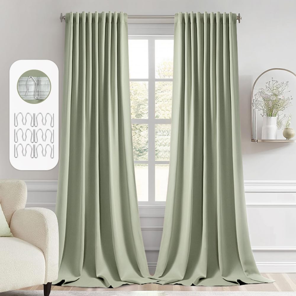 MIULEE Back Tab Sage Green Curtains 108 Inch Long 2 Panels Set for Living Room Bedroom Privacy, Rod Pocket/Pinch Pleated Light Blocking Extra Long Thermal Insulated Room Darkening Blackout Drapes MIULEE