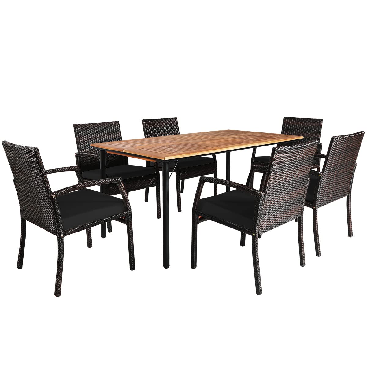 Tangkula 7 Pieces Patio Dining Set, Acacia Wood Wicker Dining Furniture Set with Steel Frame & Umbrella Hole, Outdoor Dining Table Chair Set with Removable Cushions for Backyard, Garden (Black) Tangkula