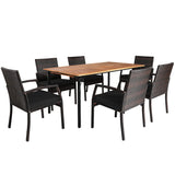 Tangkula 7 Pieces Patio Dining Set, Acacia Wood Wicker Dining Furniture Set with Steel Frame & Umbrella Hole, Outdoor Dining Table Chair Set with Removable Cushions for Backyard, Garden (Black) Tangkula