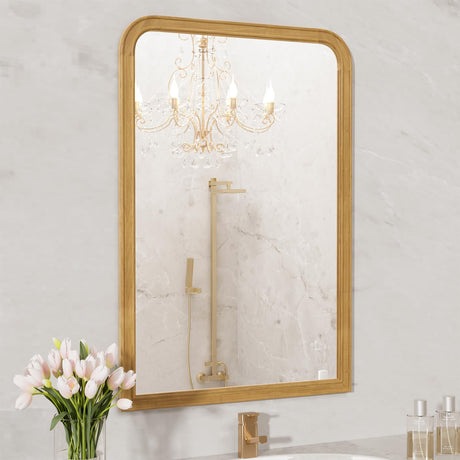 WallBeyond Wood Frame Bathroom Mirror 24" x 36" Wooden Arched Wall Mirror Farmhouse Style Bathroom Vanity Mirror for Home Decor Rectangle Mirror (Natural) WallBeyond