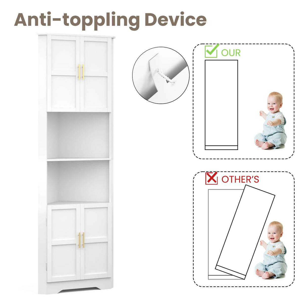 CHUWELL Corner Cabinet, 67'' Tall Corner Storage Cabinet with 4 Barn Doors and Adjustable Shelves for Living Room, Kitchen, Bathroom, Laundry Room, White CHUWELL