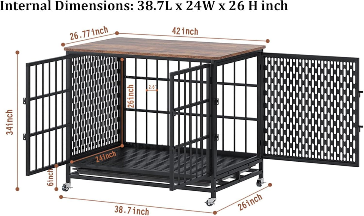 BOINN 42 inch Extra Large Dog Crate Furniture with Removable Trays, 3 Doors, 4 Wheels & 5 Locks - for Medium and Large Dogs BOINN