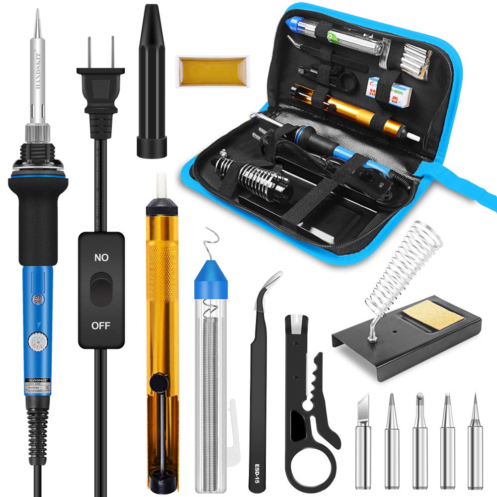 Soldering Iron, Soldering Iron Kit Electronics, 60W Adjustable Temperature Welding Tool, 5pcs Soldering Iron Tip, Soldering Iron Stand, Desoldering Pump, Tweezers, Solder Wire, Rosin, Carry Bag HANDSKIT