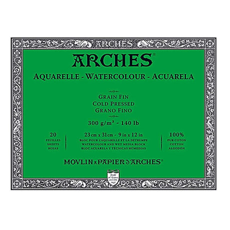 Arches Watercolor Block 9x12-inch Natural White 100% Cotton Paper - 20 Sheets of Arches Watercolor Paper 140 lb Cold Press - Arches Art Paper for Watercolor Gouache Ink Acrylic and More Arches
