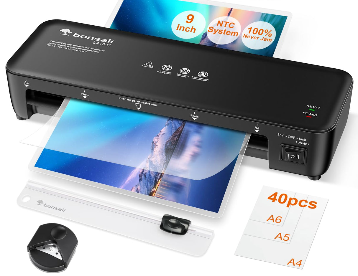 Bonsaii Laminator, 9 Inch 4 in-1 Thermal Laminator Machine Never Jam Technology with 40 Laminting Sheets, Paper Cutter, Corner Rounder for Home Office School Business bonsaii