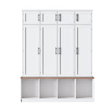Merax Hall Tree with Entryway Bench and Shoe Cabinet, Multi-Functional Seating Bench with 4 Hanging Hooks and 8 Doors, White Merax