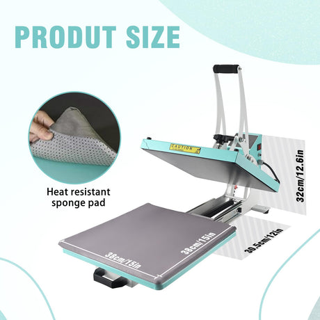 ColorSub 15x15 Heat Press for T-Shirt with Slide Out Drawer, Sublimation Heat Press Machine, Teal ColorSub