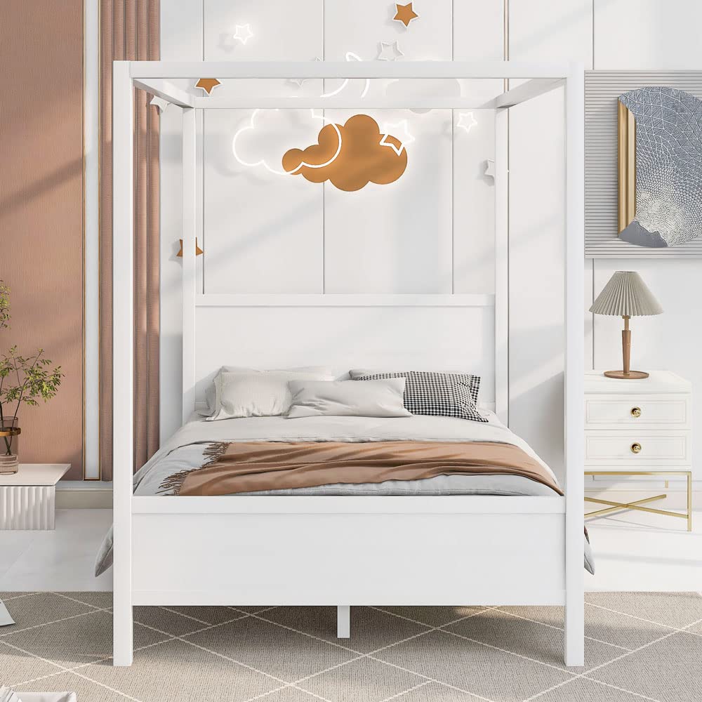 Yone jx je Queen Size Canopy Platform Bed with Headboard and Footboard,Slat Support Leg - White