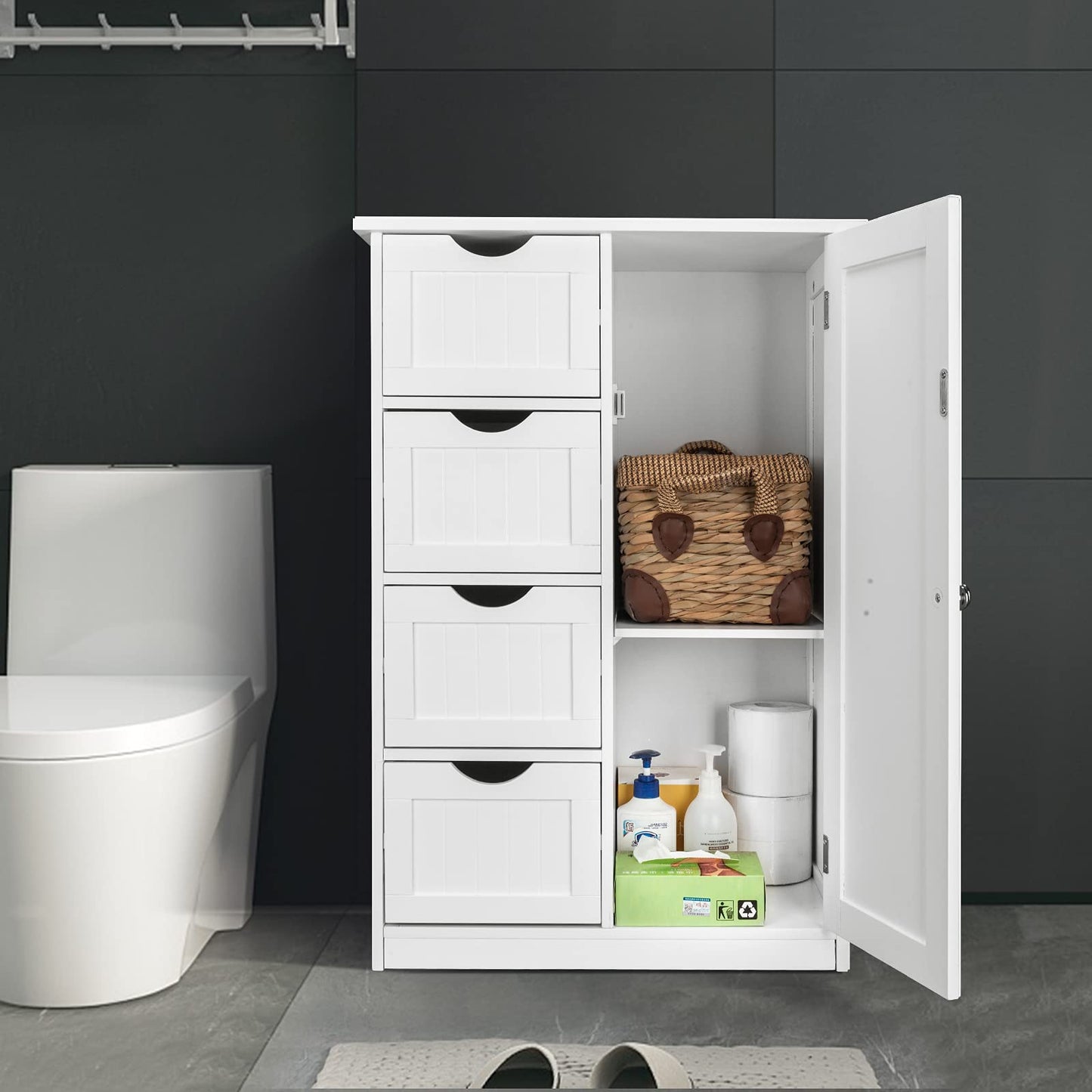 Bonnlo Compact White Wooden Bathroom Storage Cabinet with 4 Drawers and Cupboard - WoodArtSupply