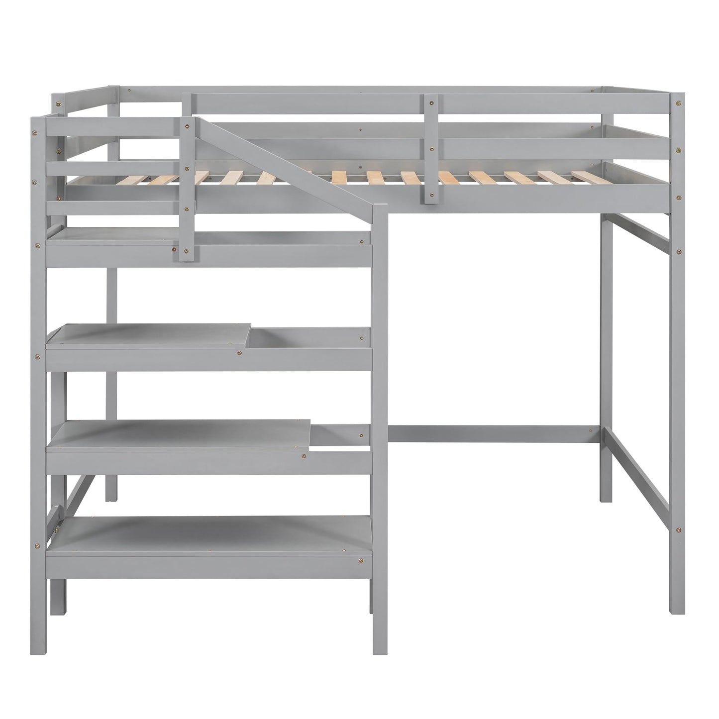 SOFTSEA Grey Full Size Loft Bed with Storage Stairs and Hanger for Kids and Adults - WoodArtSupply