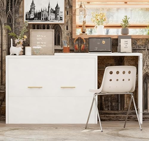 Bellemave Twin Size Murphy Bed, Cabinet Bed with Desk, Farmhouse Murphy Cabinet with Desk, Noisy Free, for Guest Bedroom, Living Room, Office, White Bellemave