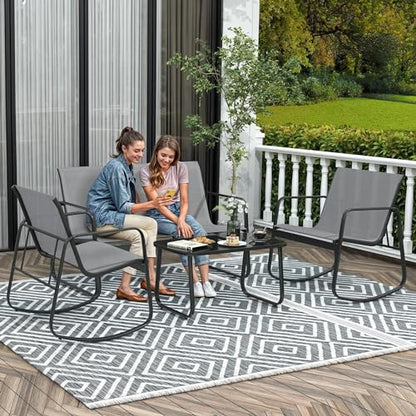 DWVO 4 Piece Patio Furniture Set, Outdoor Conversation Sets for Patio, Lawn, Garden, Poolside with Rocking Chair Set of 2 and Glass Coffee Table - Grey - WoodArtSupply