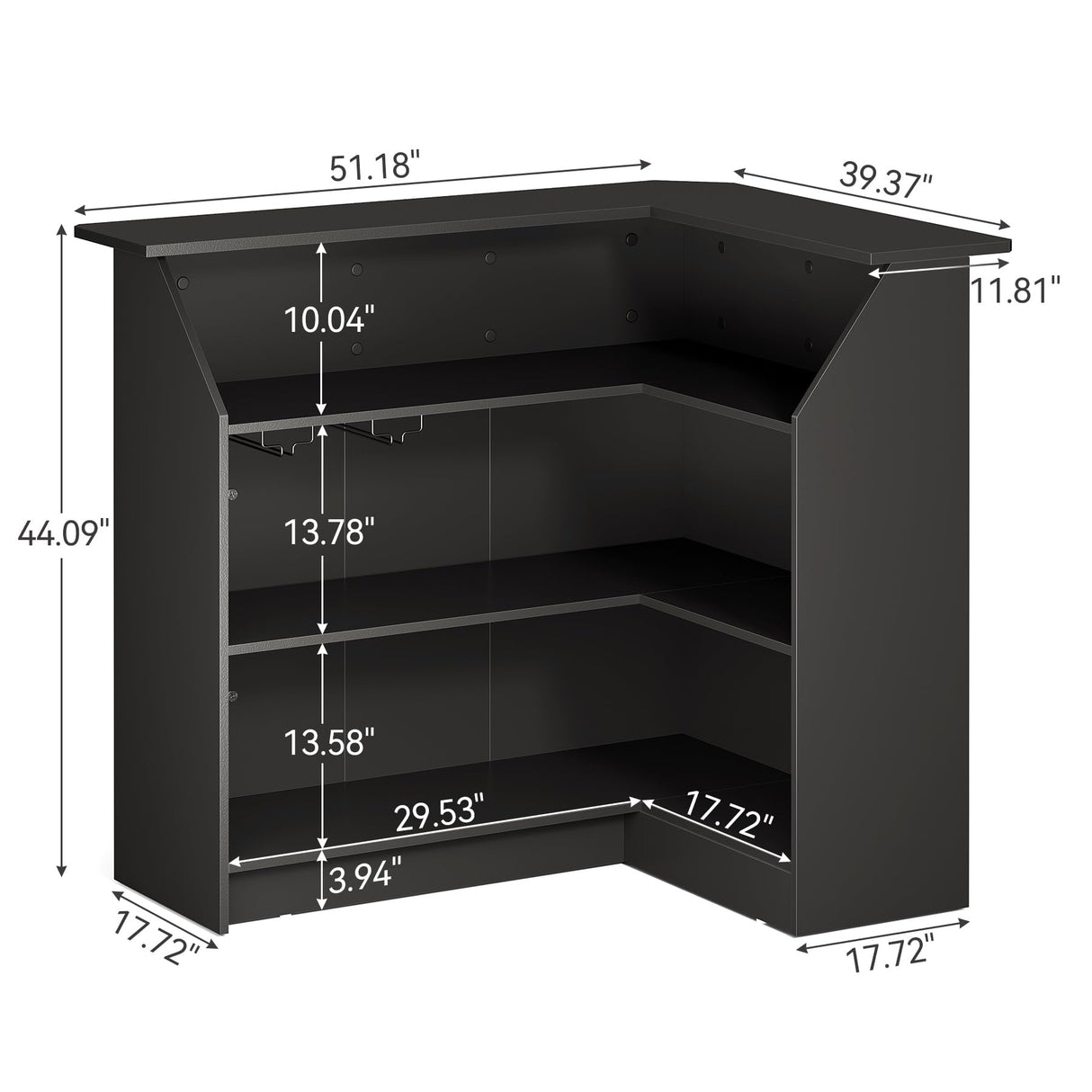 LITTLE TREE Black Bar Cabinet, 4-Tier Home Mini Bar Cabinet with Stemware Rack, Freestanding Wooden Storage Cabinet, Modern L-Shaped Liquor Table Cabinet for Living Room, Dining Room LITTLE TREE