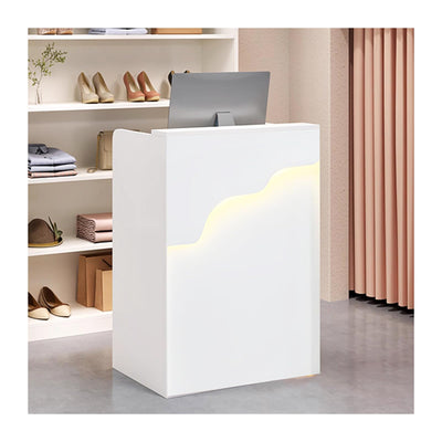 Reception Desk with Counter LED Light, Modern Front Desk with Lockable Drawer, White Retail Checkout Counter for Clothing Store Lobby Beauty Salon (White, 37.8x31.5x15.7in)