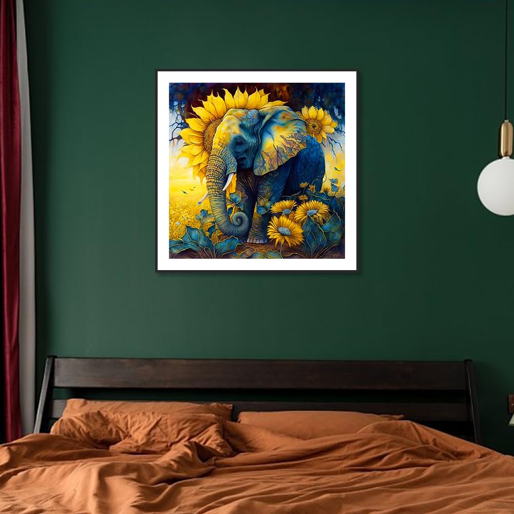 Stalente Diamond Painting Kits for Adults, Elephant Round Full Drill Diamond Art Kits, 5D DIY Paint with Diamonds Crafts for Home Wall Decoration Gifts 12×12Inch, Sunflower Stalente