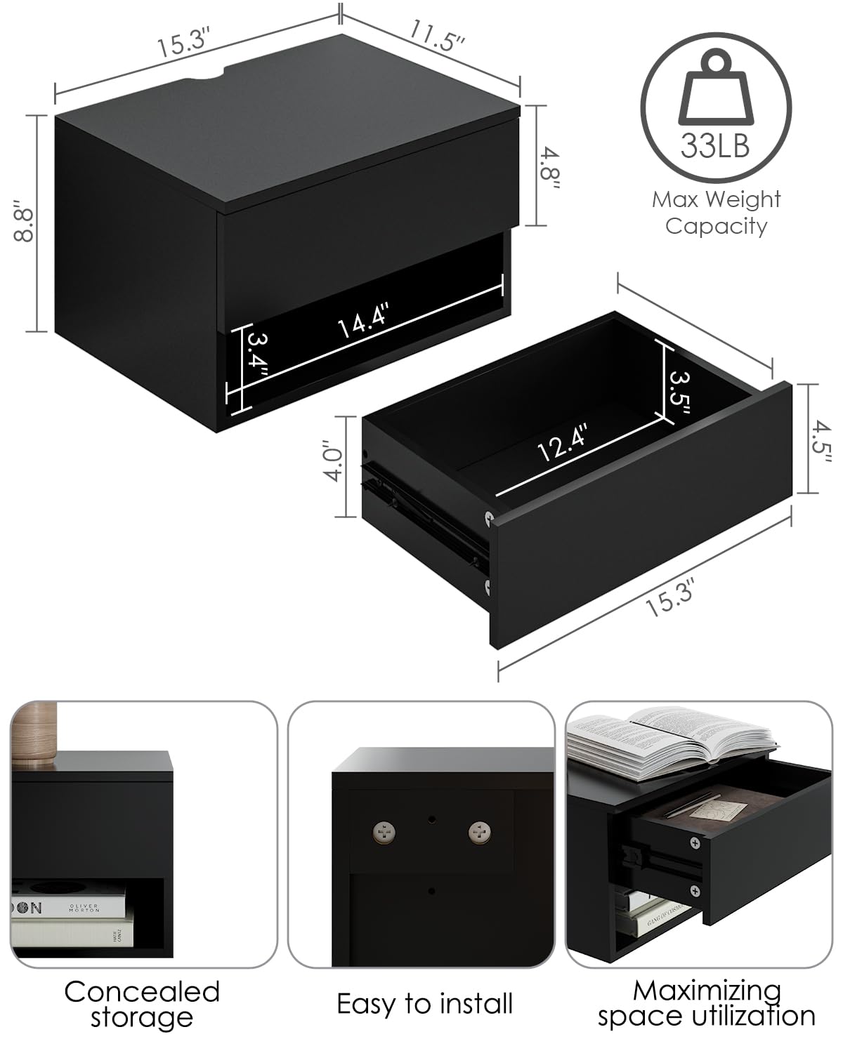 Floating Nightstand, Small Modern Floating Nightstand with Drawer, Floating Shelves for Bedroom, Bathroom (Black) Aienvey