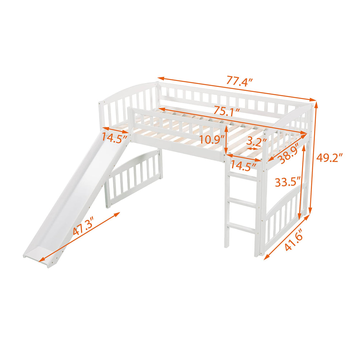 Bellemave Twin Loft Bed with Slide and Ladder, Low Loft Bed for Kids, Wood Loft Bed, for Boys Girls,White Bellemave