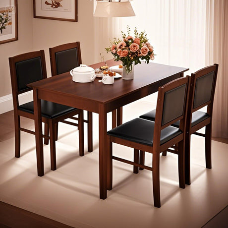 POWERSTONE Farmhouse Wood Dining Table Set for 4, Space-Saving Kitchen Table 4 Chairs Paded PU Leather, Rectangular 5 Piece Dining Table Set 4 Rubberwood Legs Chairs for Kitchen Indoor Dinner (Brown) POWERSTONE