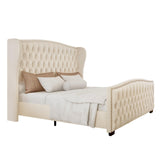 LUXOAK Queen Platform Bed Frame with Wingback Headboard, Velvet Upholstered Bed Frame with Handmade Button Tufted & Nailhead, Wooden Slats Support, Cream LUXOAK